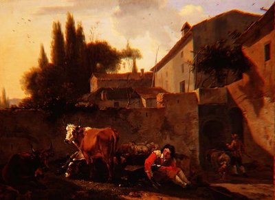A Shepherd and cattle in the courtyard of an Italian farm by Willem Romeyn