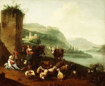 An Italianate Landscape with Peasants, Cattle, Sheep and Goats by a Fountain by Willem Romeyn