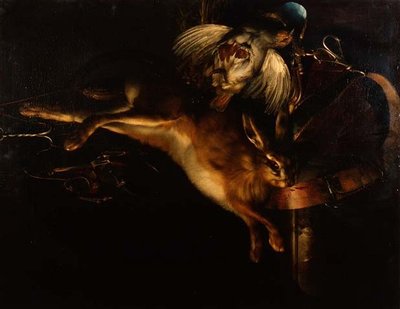 Still Life of a Hare, a Partridge and Hunting Equipment Hanging Above a Marble Ledge by Willem van Aelst