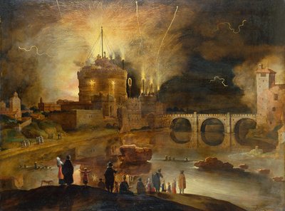 The Castel Sant Angelo, Rome, with Townsfolk Watching a Firework Display at Night by Willem van Nieulandt