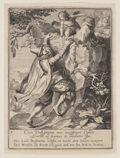 A Young Man Climbing a Hillside Aided by Cupid, from Allegory of the Misuse of Worldly Property by Willem van Swanenburgh