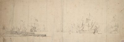 A Dutch Fleet getting under way off a pier by Willem van de the Elder Velde