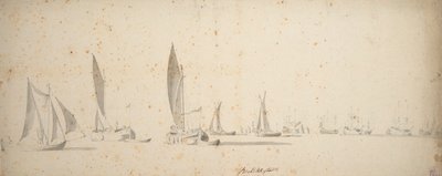 A tochtschuit, wijdschips and waterschips in a light breeze by Willem van de the Elder Velde