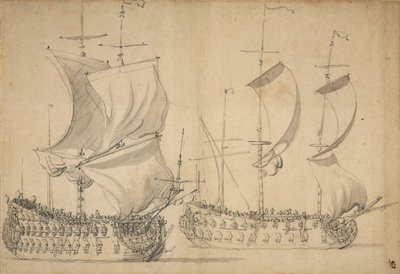 An English Third-Rate and Fourth-Rate Under Easy Sail by Willem van de the Elder Velde