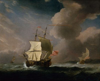 An English Two Decker in a Strong Wind with another Ship in the Background by Willem van de Velde the Younger