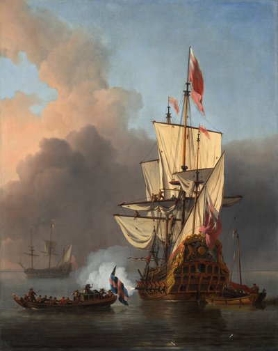 An English Warship Firing a Salute by Willem van de the Younger Velde