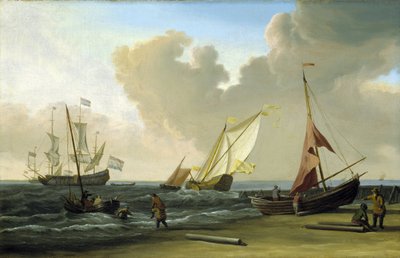 Fishing boat pulling its nets on the beach in the wind, on the Dutch coast by Willem van de Velde the Younger