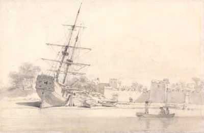 A Small Sailing Ship Drawn Up on the Shore Below Some Fortified Buildings by William Alexander