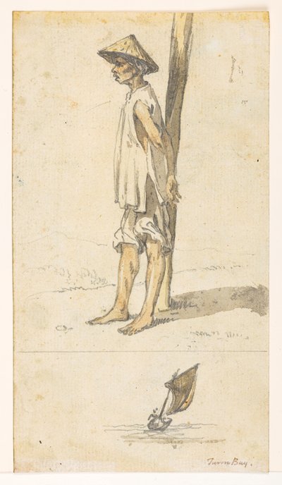 Young man leaning against a tree; a boat. 