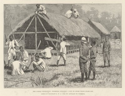 The Lushai Expedition, Goorkhas building a Hut to store their Spare Kit by William Barnes Wollen