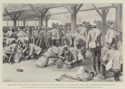 Troops for South Africa, 7th Detachment Royal Engineers, from Dublin, at Southampton Docks Shed Alongside the Braemar Castle by William Barnes Wollen