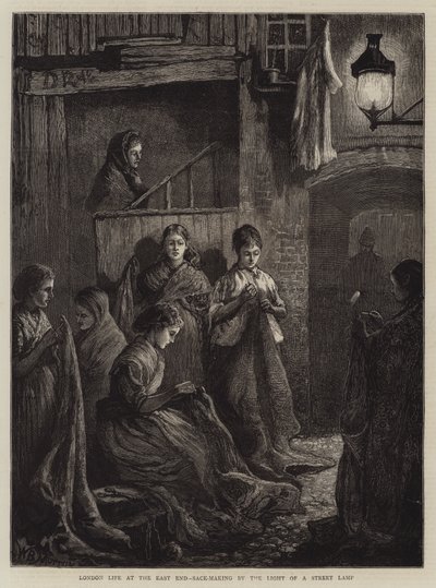 London Life at the East End, Sack-Making by the Light of a Street Lamp by William Bazett Murray