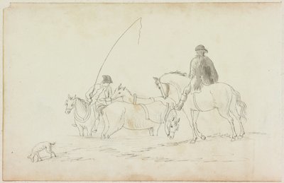 Two Men on Horseback with Two Horses and Dog by William Beilby
