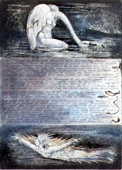 Plate II, Jerusalem, c.1804-20. The daughters of Albion represented by swan-like and fish-like creatures by William Blake
