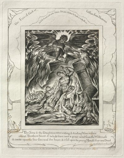 The Book of Job: Pl. 3, Thy Sons and thy Daughters were eating and drinking Wine in their eldest Brothers house by William Blake