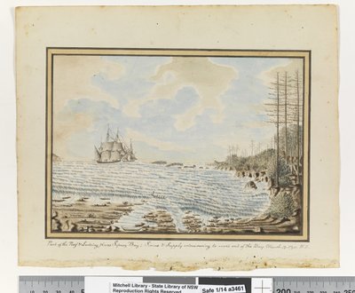 Part of the Reef & Landing places Sydney Bay; Sirius & Supply endeavoring to work out of the Bay, March 19 1790 by William Bradley