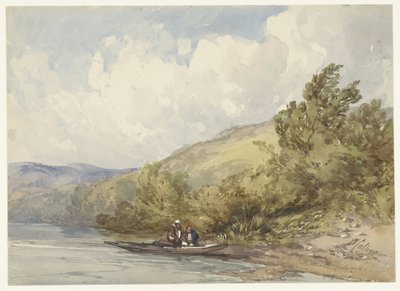 Hilly Landscape with a Lake and a Boat with Two Figures by William Callow