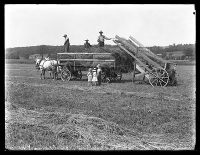 Farm Workers Loading Hay on to Horse-Drawn Hay Wagon as Three Children Watch, McCready Farm, Crawford County, Pennsylvania by William Davis Hassler