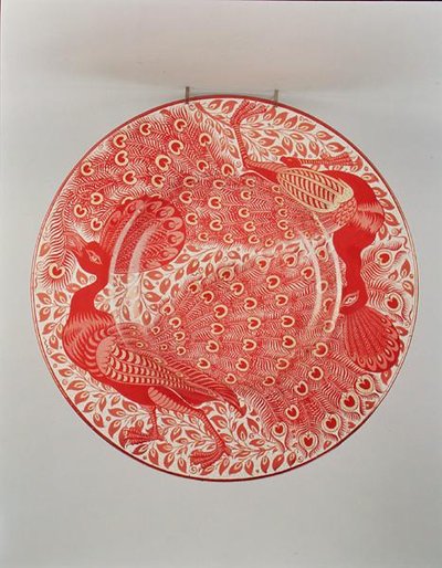 Ruby and Gold Lustre Charger Decorated with Two Peacocks by William de Morgan