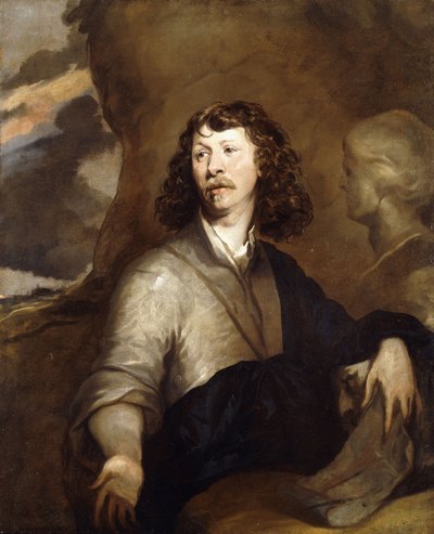 Portrait of a Gentleman, Possibly the Artist, half-length, in a Brown Cloak and Blue Wrap, Beside a Marble Bust, in a Rocky Landscape by William Dobson