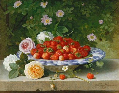 Strawberries in a Blue and White Buckelteller with Roses and Sweet Briar on a Ledge by William Hammer