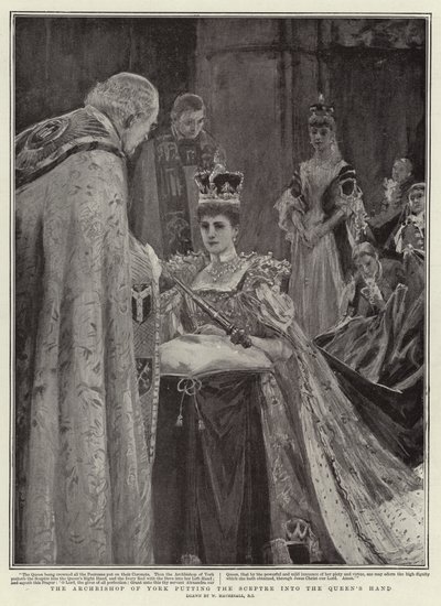The Archbishop of York putting the Sceptre into the Queen