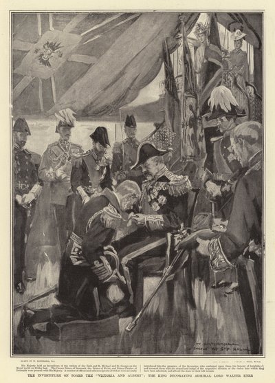 The Investiture on Board the Victoria and Albert, the King decorating Admiral Lord Walter Kerr by William Hatherell