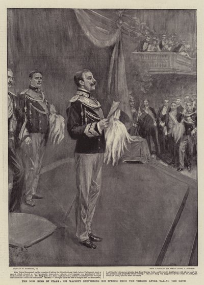 The New King of Italy, His Majesty delivering his Speech from the Throne after taking the Oath by William Hatherell