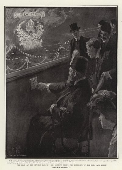 The Shah at the Crystal Palace, His Majesty Firing the Portraits of the King and Queen by William Hatherell