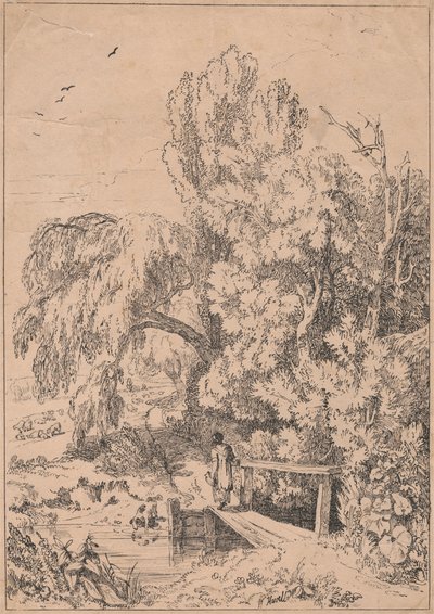 Landscape with Trees, Girls Crossing Footbridge by William Havell