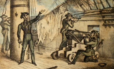 Marine riflemen in action on board an unidentified warship, c.1835 by William Heath