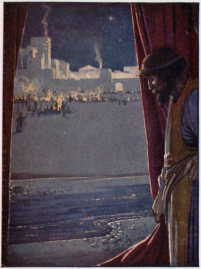 Agamemnon heard the sound of pipe and flute and laughter of men as the Trojans feasted and made merry by William Heath Robinson
