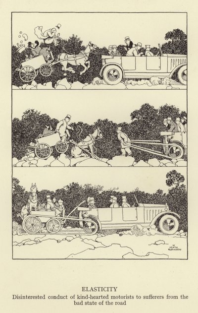 Elasticity, disinterested conduct of kind-hearted motorists to sufferers from the bad state of the road by William Heath Robinson