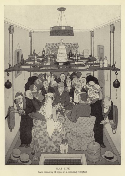 Flat life, Sane economy of space at a wedding reception by William Heath Robinson