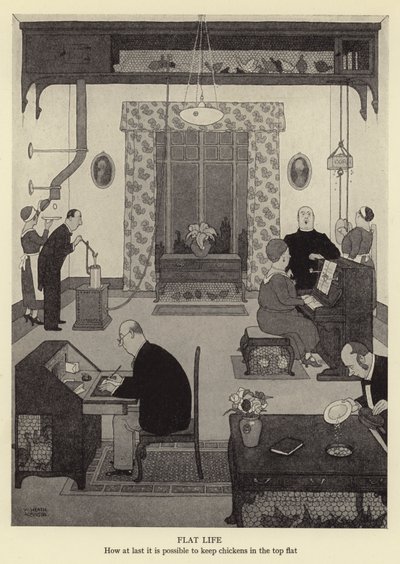 Flat life, how at last it is possible to keep chickens in the top flat by William Heath Robinson