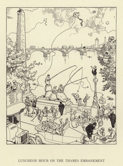 Luncheon Hour on the Thames Embankment by William Heath Robinson