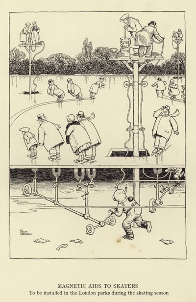 Magnetic aids to skaters, to be installed in the London parks during the skating season by William Heath Robinson