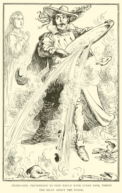 Petruchio, pretending to find fault with every dish, threw the meat about the floor by William Heath Robinson