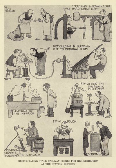 Resuscitating Stale Railway Scones for Redistribution at the Station Buffets by William Heath Robinson