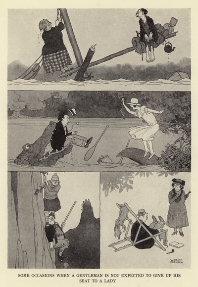Some occasions when a gentlemen is not expected to give up his seat to a lady by William Heath Robinson