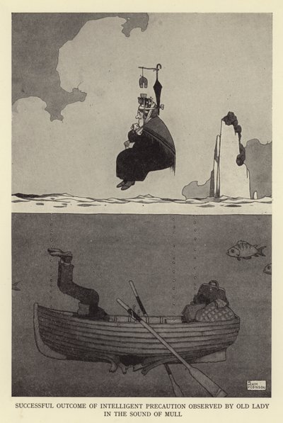 Successful outcome of intelligent precaution observed by old lady in the sound of mull by William Heath Robinson