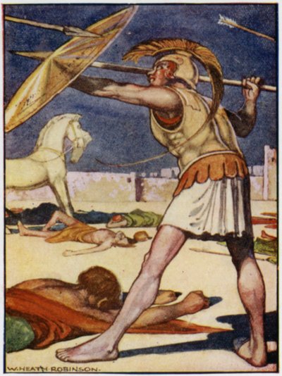 The point of the spear flew over the left shoulder of Patroclus by William Heath Robinson