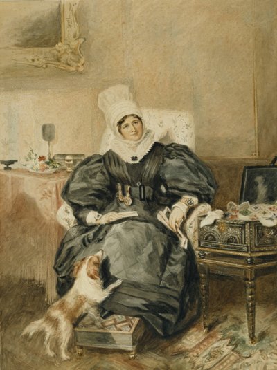 Portrait of a lady by a table with a dog by William Henry (after) Hunt