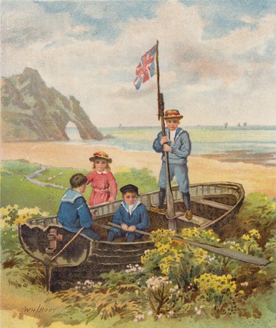 Children Playing in a Boat on the Beach by William Henry James (after) Boot
