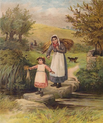 Woman and Girl Crossing a Stream Over Stepping Stones by William Henry James (after) Boot
