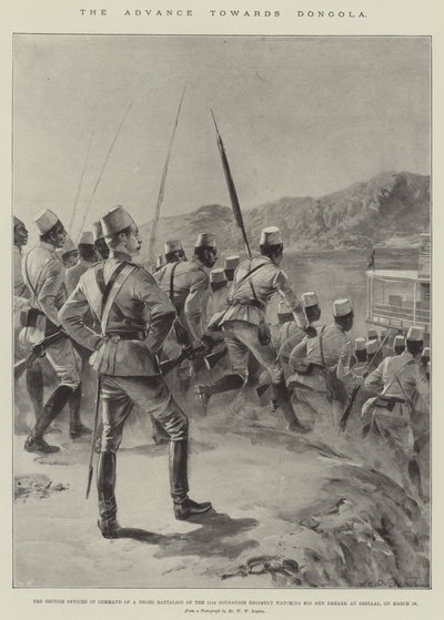 The Advance towards Dongola, the British Officer in Command of a Negro Battalion of the 11th Soudanese Regiment watching his Men embark at Shellal, on 18 March by William Heysham (after) Overend