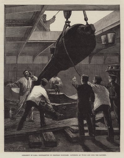 Armament of HMS Northampton in Chatham Dockyard, lowering an 18-Ton Gun into the Battery by William Heysham Overend