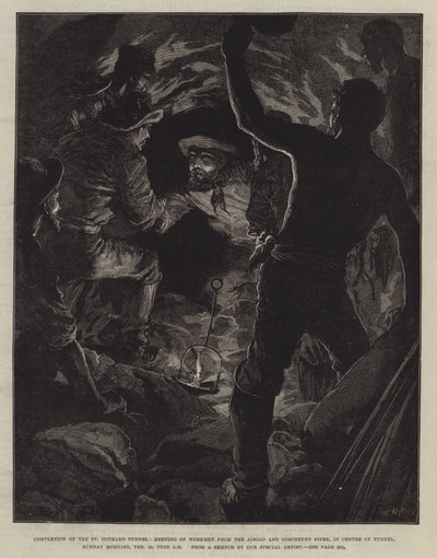 Completion of the St Gothard Tunnel, Meeting of Workmen from the Airolo and Goschenen Sides, in Centre of Tunnel, Sunday Morning, 29 February, Nine am by William Heysham Overend