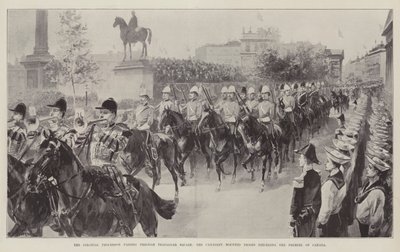 The Colonial Procession passing through Trafalgar Square, the Canadian Mounted Troops preceding the Premier of Canada by William Heysham Overend