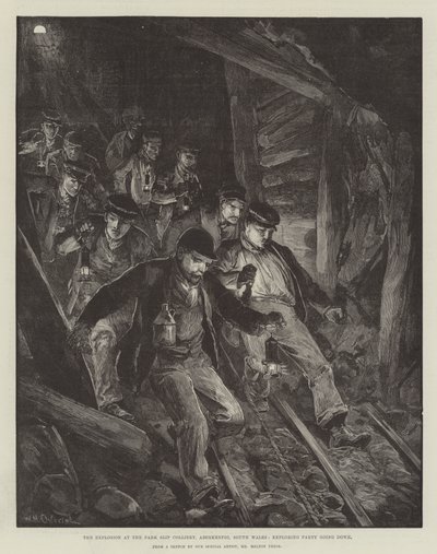 The Explosion at the Park Slip Colliery, Aberkenfig, South Wales, Exploring Party going down by William Heysham Overend